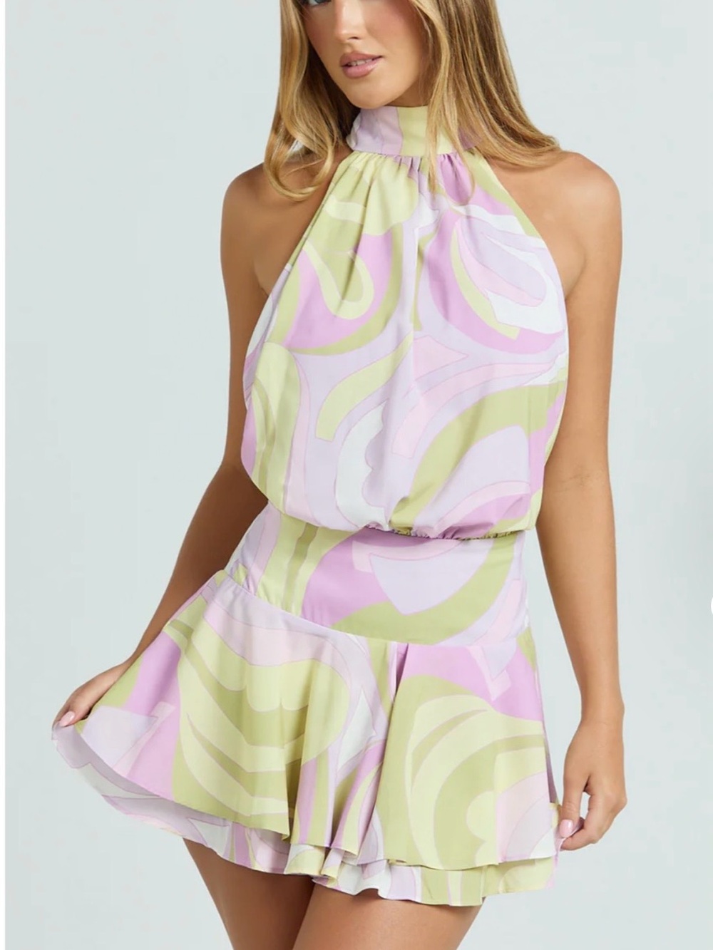 New With Tags! Halter Mini Dress in Pastel Pink & Sage Swirl